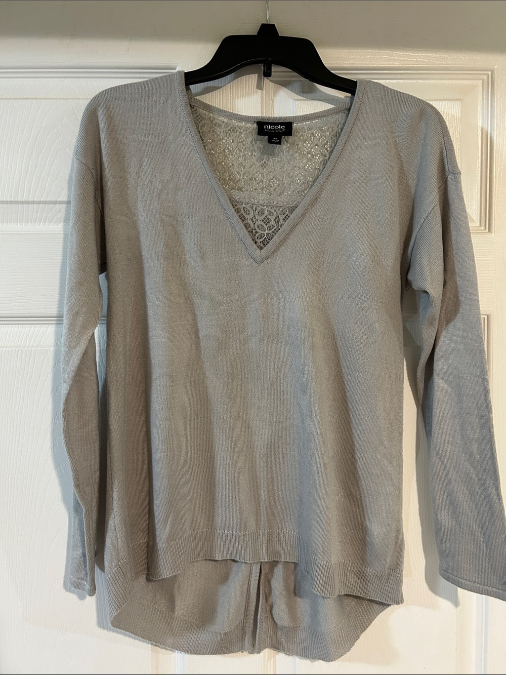 Nicole V-Neck Lace-Back Sweater in Light Gray